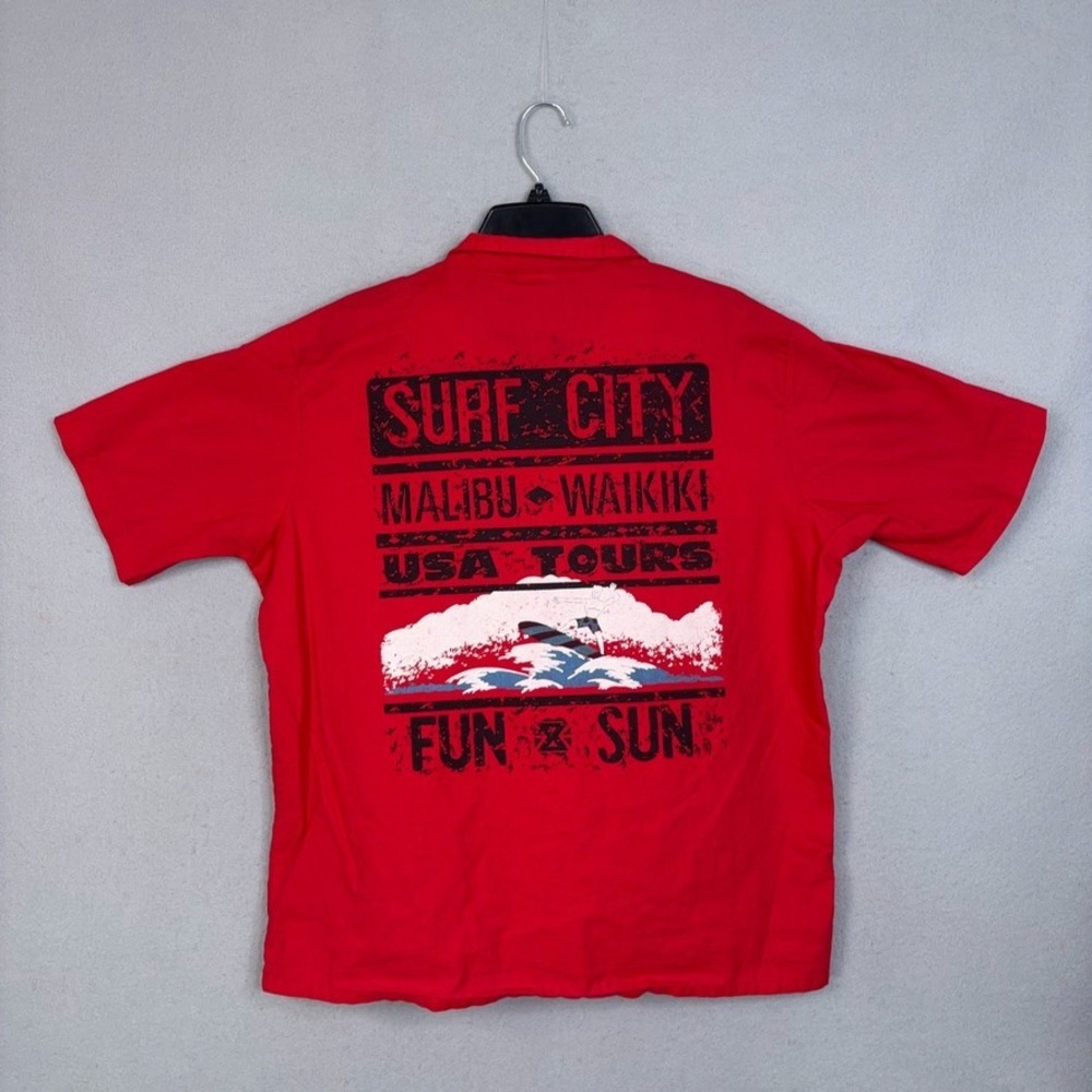 Vintage Surf City Shirt Mens Large Red Camp Graphic Malibu Waikiki Surf 80s